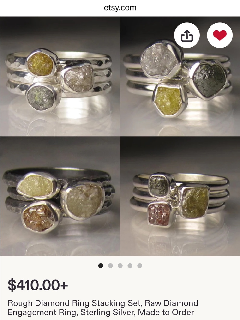 Sterling Silver Rough Diamond Stackable Ring Set - Size 6